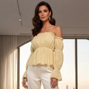 Cream Beige Tan Frilled Off Shoulder Gathered Sleeve Peplum Hem Fuzzy Blouse M/6